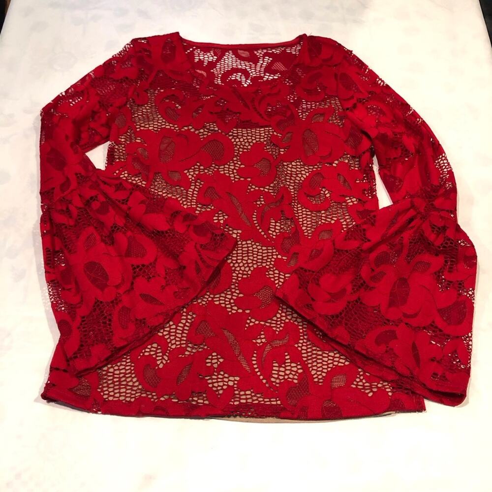 INC International Concepts Red Lace Nude Lined Top Bell Sleeves Scoop Neckline - Picture 14 of 16
